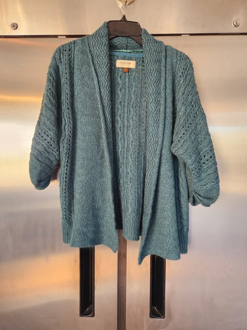Sonoma Womens Open Front Cardigan M Teal Blue Cable Knit Shawl Collar Sweater
